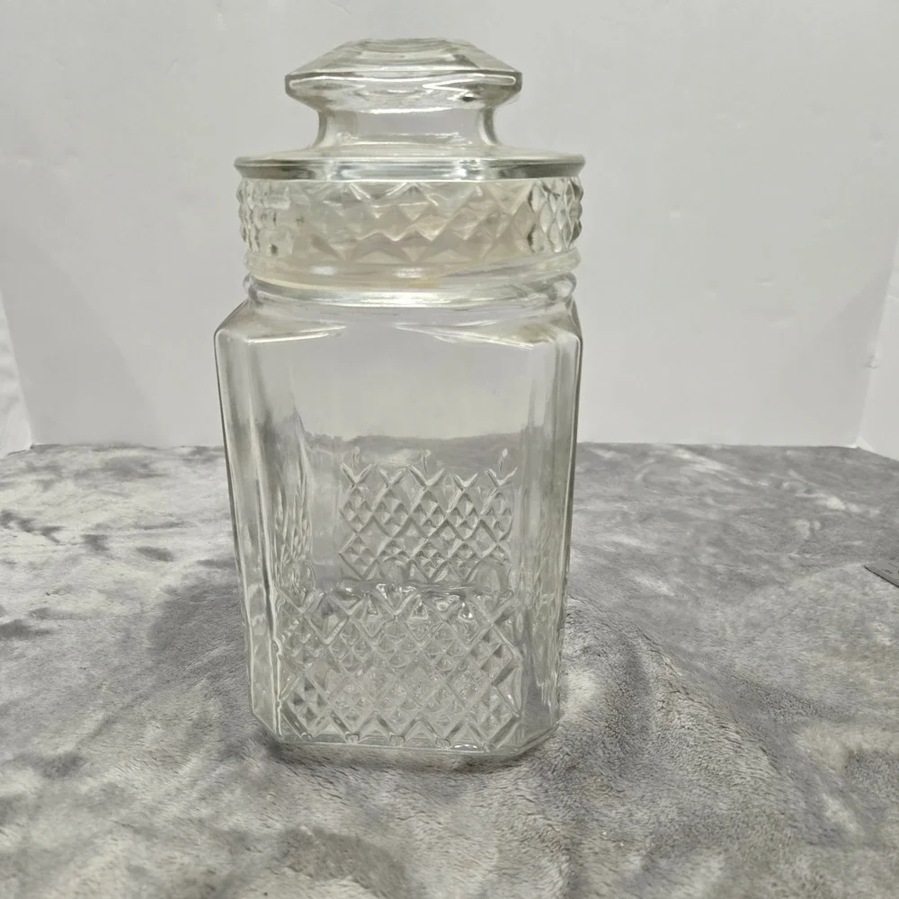 Vintage Koeze's Glass Apothecary Jar Clear Diamond Pattern Canister with Lid 8in